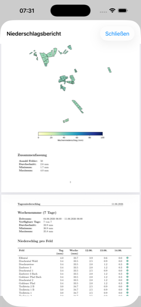 RainDoc-Bericht: Summen und Beregnungen für die Verbandsmeldung